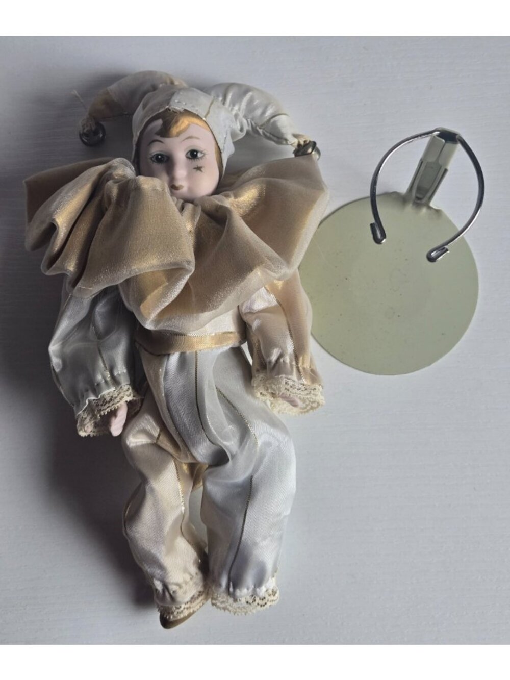 VTG Porcelain Harlequin Jester Doll 8" Gold & Cream Costume Bell Hat Doll Stand